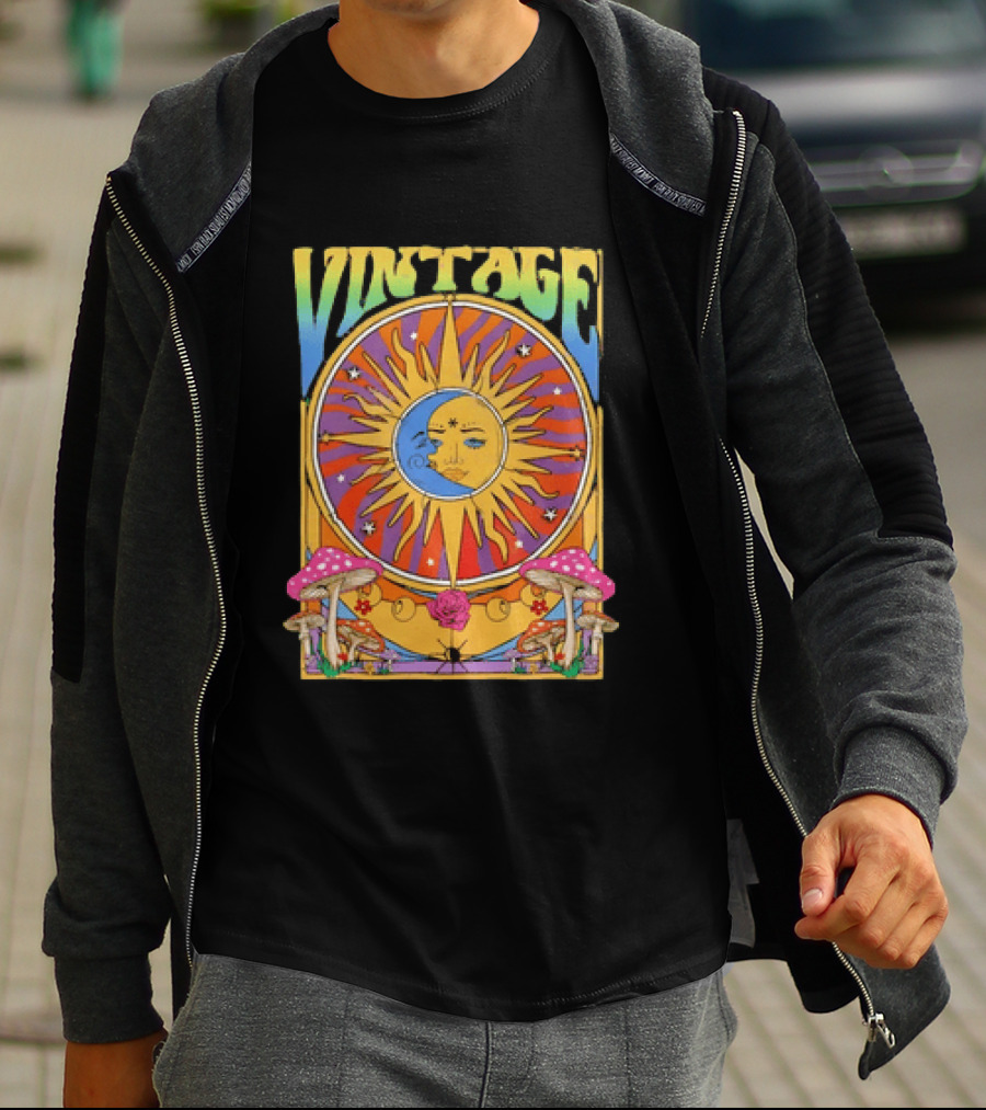 Vintage Sun Moon Celestial Psychedelic Mushrooms T-Shirt