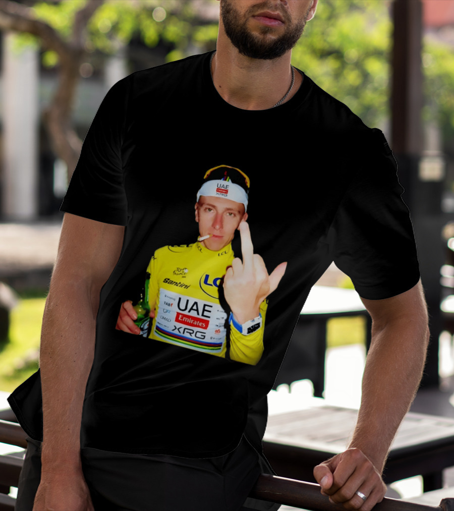 Tadej Pogačar Yellow Jersey Middle Finger Tour De France UAE Emirates LCL Santini T-Shirt