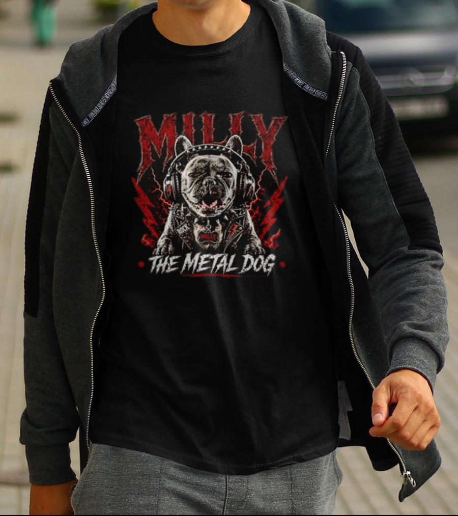 Milly The Metal Dog Headphones Red Lightning Jacket T-Shirt