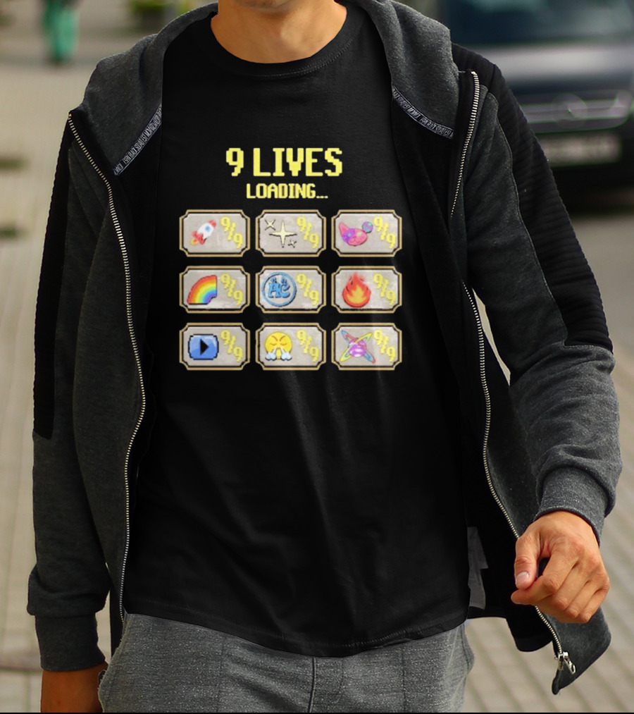 9 Lives Loading Rocket Cat Rainbow Fire Emoji Symbols Cvtscape Alleycvt T-Shirt