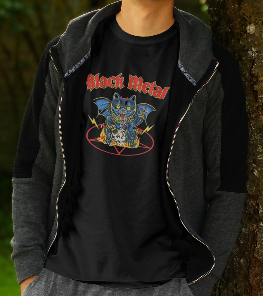 Black Metal Devil Cat Demon Wings Pentagram Fire Skull T-Shirt
