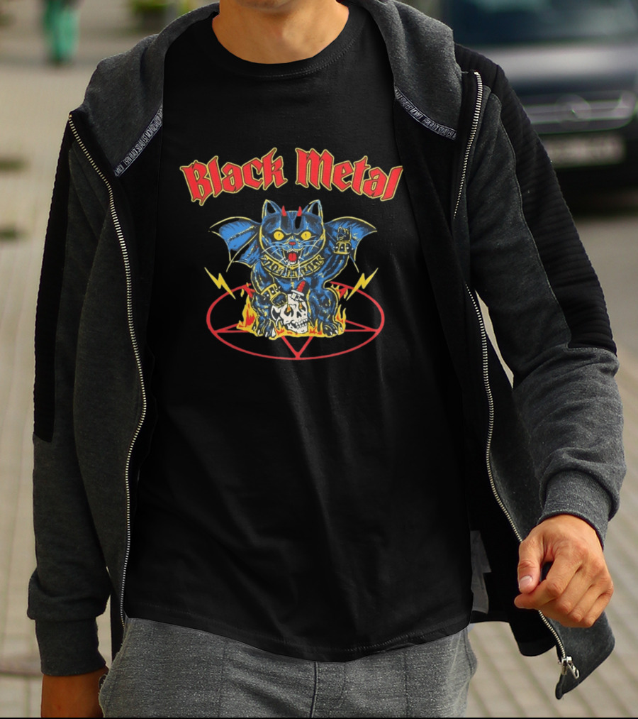 Black Metal Devil Cat Demon Wings Pentagram Fire Skull T-Shirt