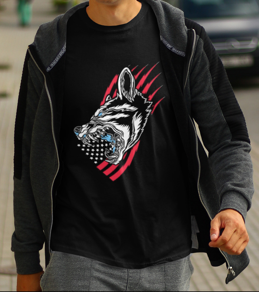 Wolf Snarling With Stars And Stripes American Flag T-Shirt