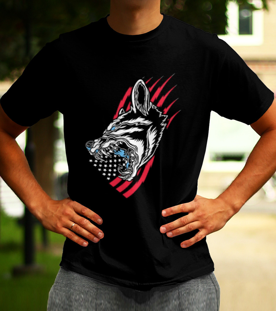 Wolf Snarling With Stars And Stripes American Flag T-Shirt