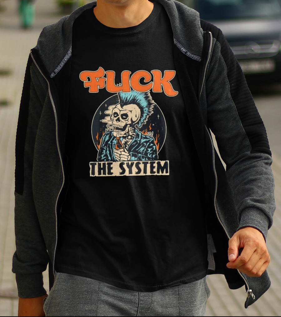Fuck The System Punk Skeleton Smoking Beer Mohawk Jacket Spikes T-Shirt
