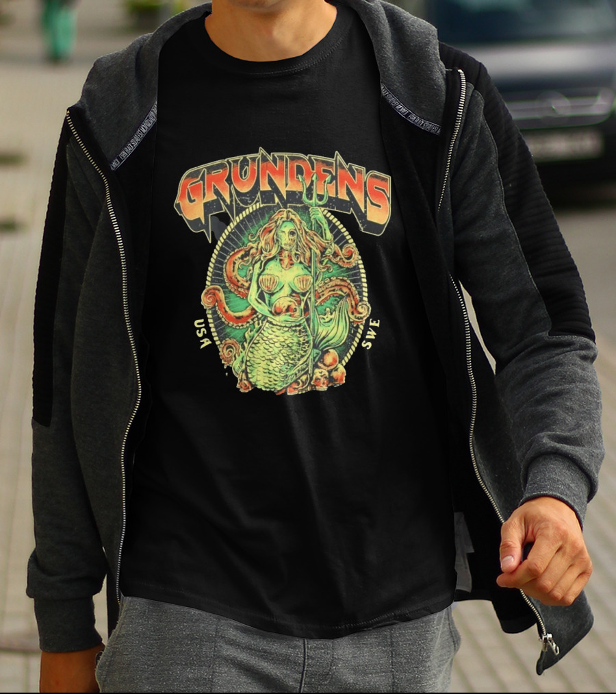 Grundens Undead Mermaid Holding Skull USA SWE Since 1926 T-Shirt