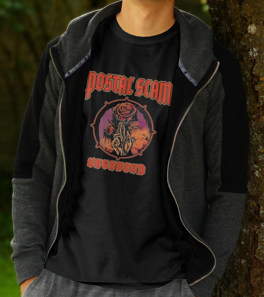 Postal Scam Vagabond Rose Skull Skeleton Hand Heavy Metal T-Shirt