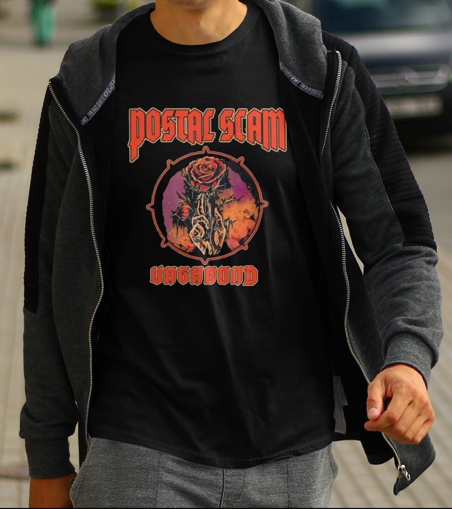 Postal Scam Vagabond Rose Skull Skeleton Hand Heavy Metal T-Shirt