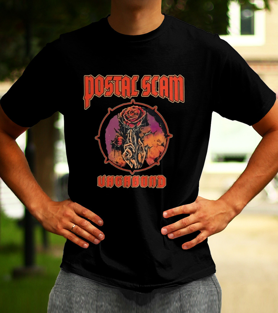 Postal Scam Vagabond Rose Skull Skeleton Hand Heavy Metal T-Shirt