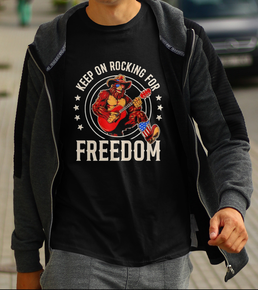 Keep On Rocking For Freedom Bigfoot Sasquatch American Flag Patriotic Guitar T-Shirt