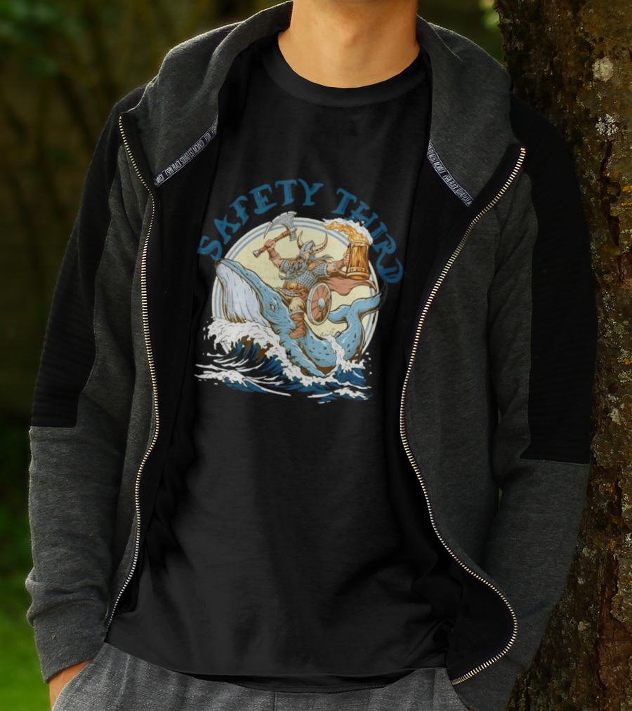 Safety Third Viking Riding A Whale With Beer And Axe T-Shirt