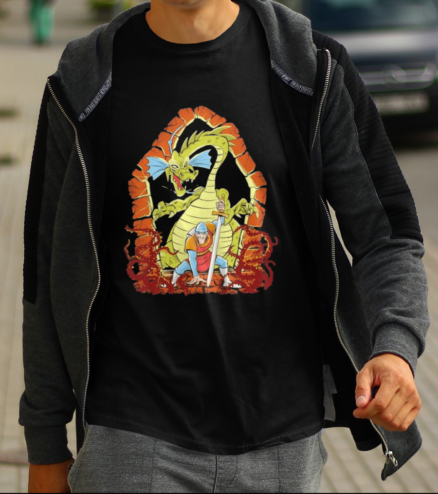 Dragons And Knights Brave Warrior Confronts Fearsome Beast In Epic Battle Scene T-Shirt