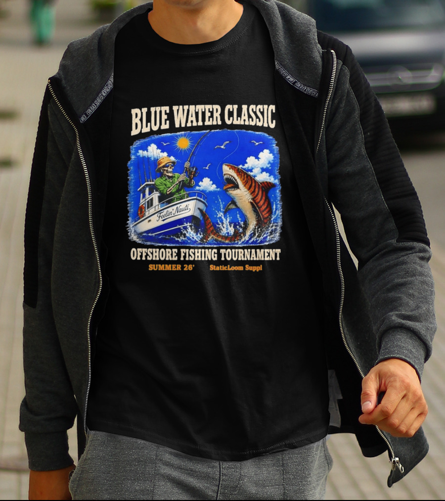 Blue Water Classic Skeleton Angler Shark Offshore Fishing Tournament Summer 26 Staticloom Supply T-Shirt