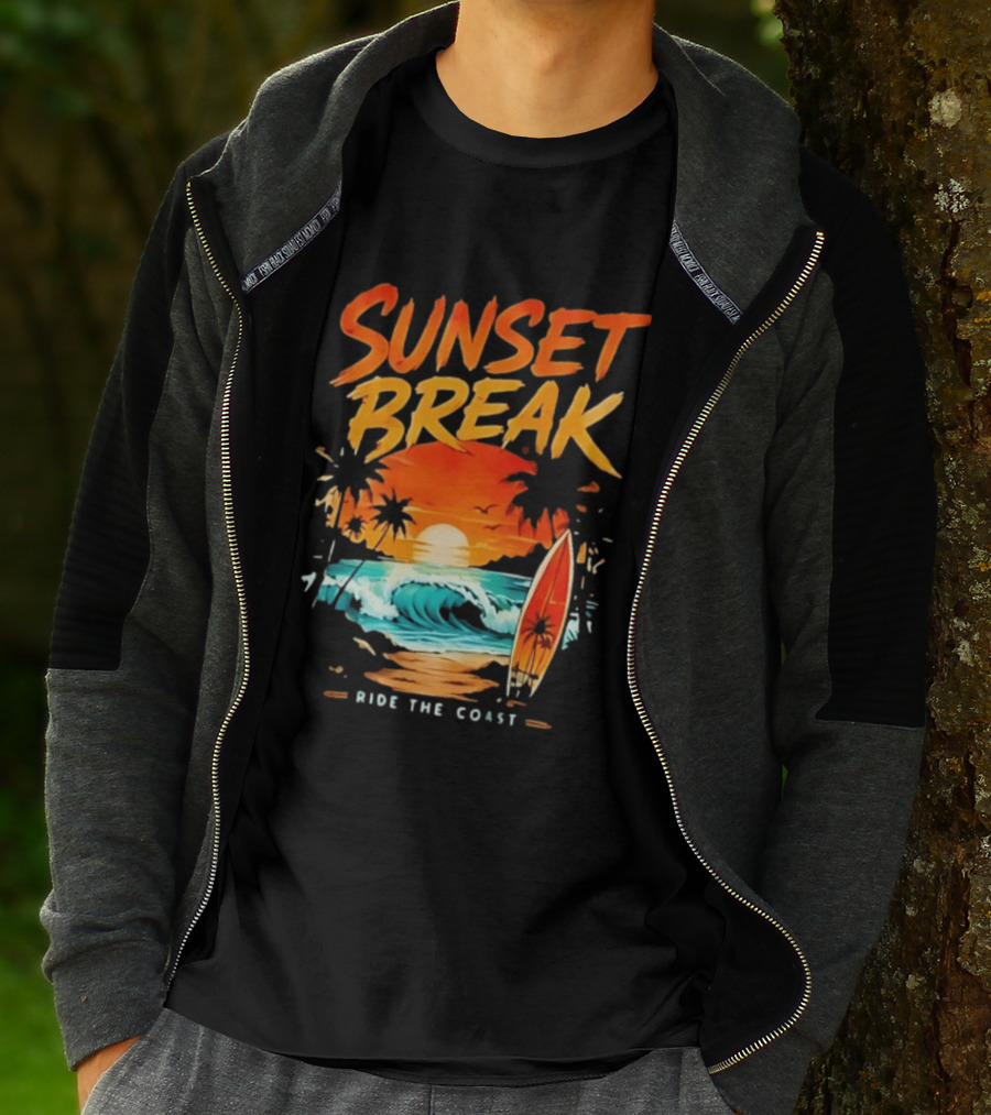 Sunset Break Surfing Ride The Coast Ocean Waves And Surfboard Scene T-Shirt