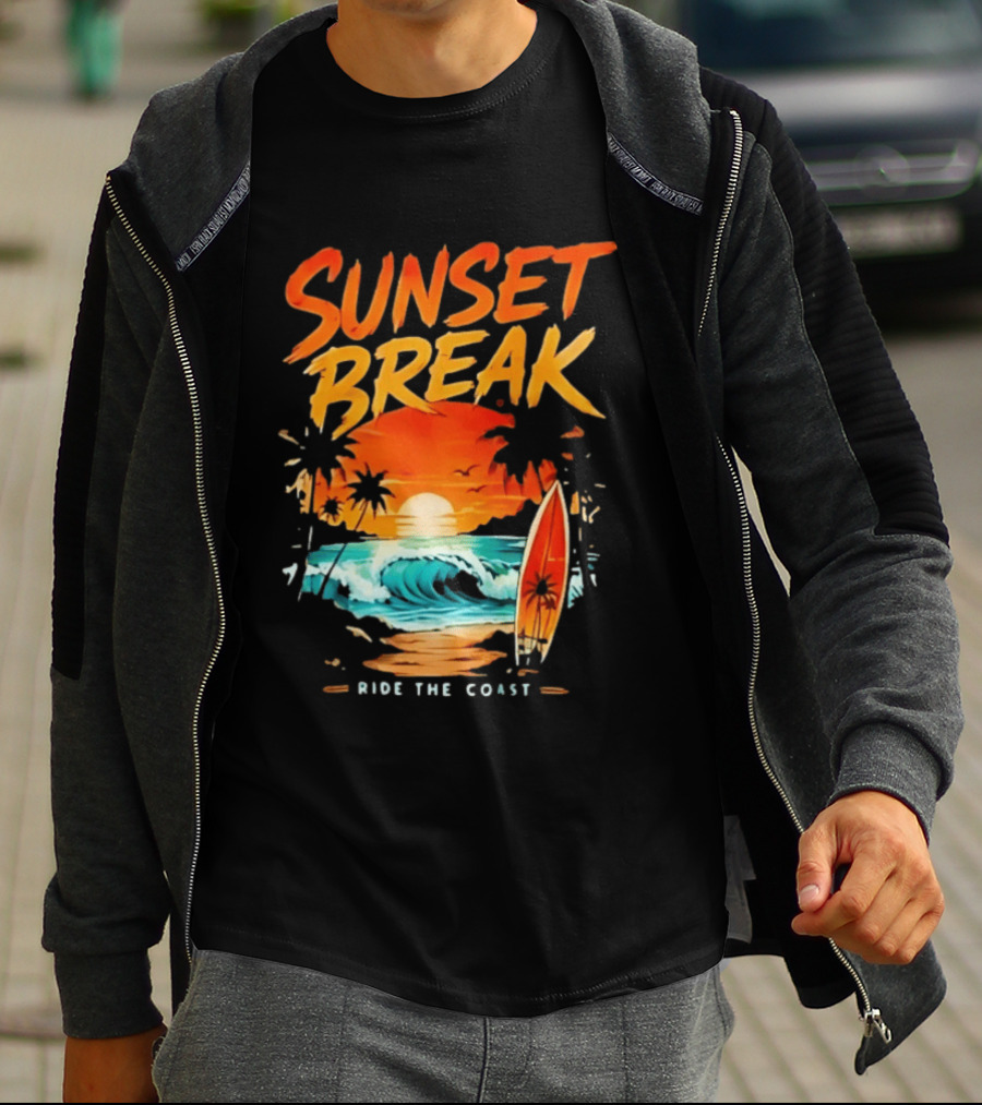 Sunset Break Surfing Ride The Coast Ocean Waves And Surfboard Scene T-Shirt