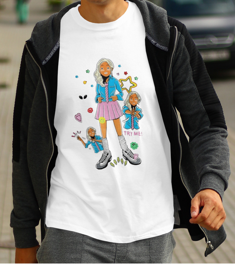 Anime School Girl Try Me Aesthetic Sticker Pastel Kawaii Vibe T-Shirt