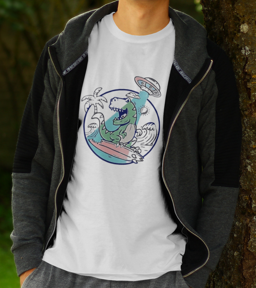 UFO Surfing Dinosaur With Palm Trees And Waves T-Shirt