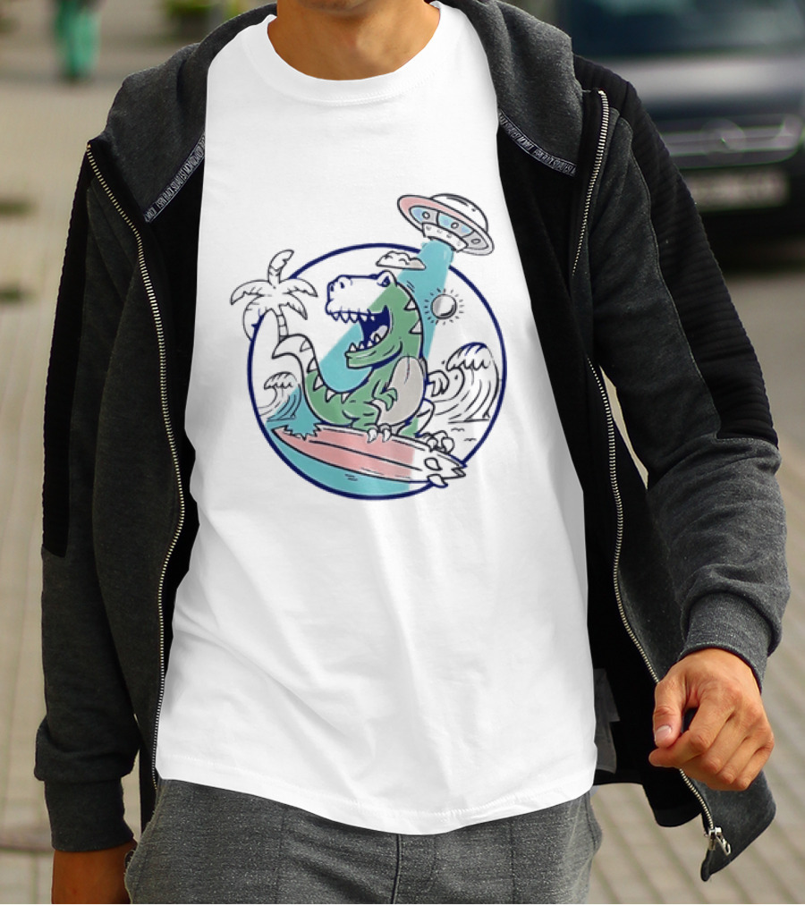UFO Surfing Dinosaur With Palm Trees And Waves T-Shirt