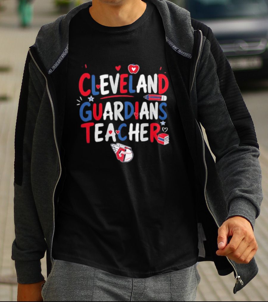 Cleveland Guardians Teacher Apple Pencil Baseball Heart Stars T-Shirt