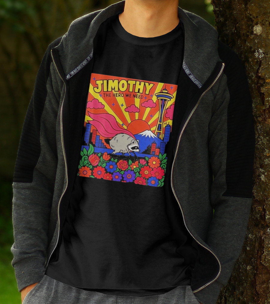 Jimothy The Hero We Need Seattle Skyline Floral Raccoon Superhero T-Shirt
