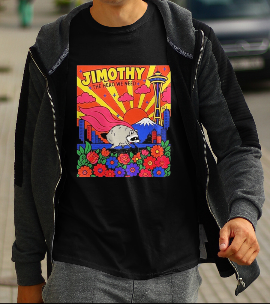 Jimothy The Hero We Need Seattle Skyline Floral Raccoon Superhero T-Shirt