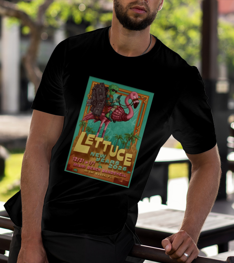 Lettuce New Years 2026 Miami Beach Bandshell Miami Beach FL With Sunglasses Flamingo And Speakers T-Shirt