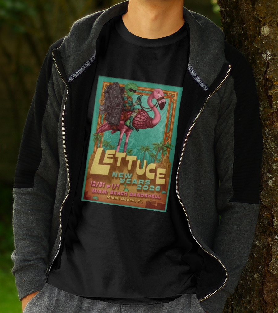 Lettuce New Years 2026 Miami Beach Bandshell Miami Beach FL With Sunglasses Flamingo And Speakers T-Shirt