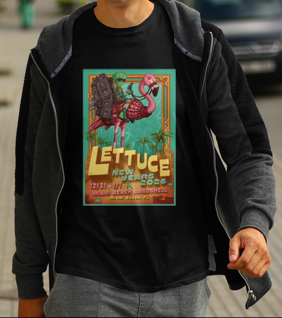 Lettuce New Years 2026 Miami Beach Bandshell Miami Beach FL With Sunglasses Flamingo And Speakers T-Shirt