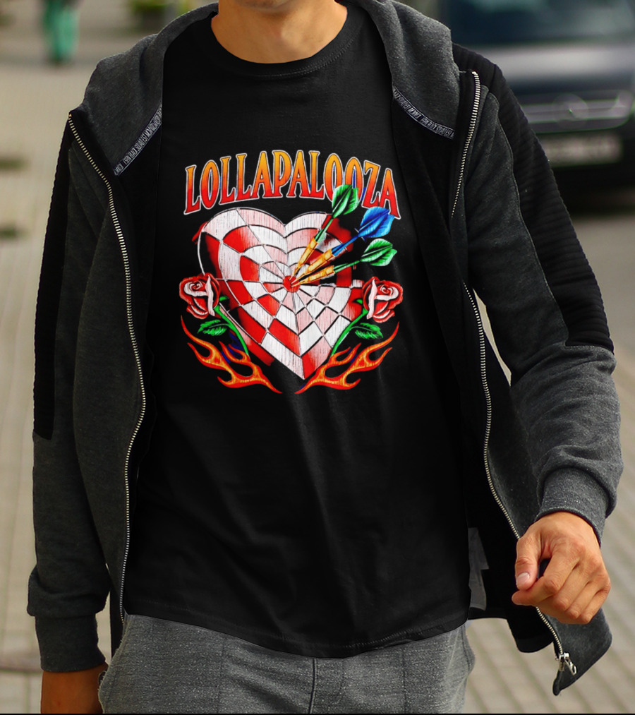 Lollapalooza Heart Dartboard With Roses And Flames T-Shirt