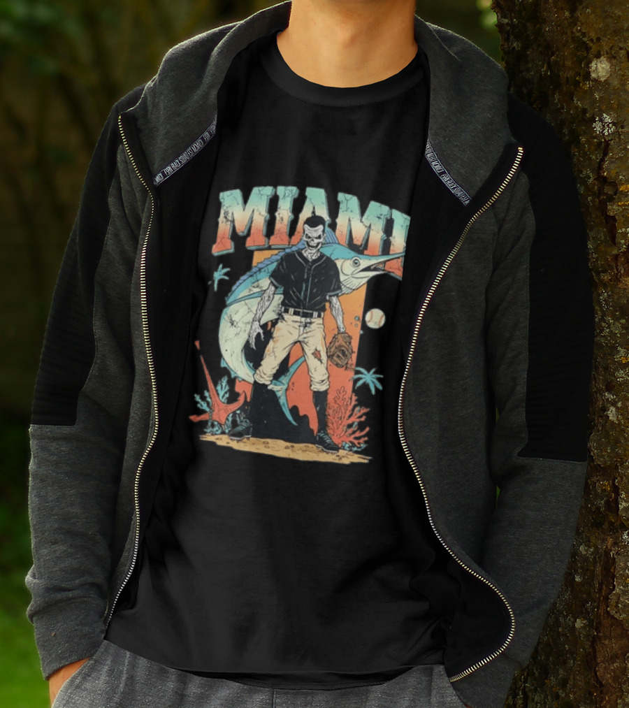 Miami Marlins Skeleton Baseball Player With Marlin And Tropical Vibes T-Shirt