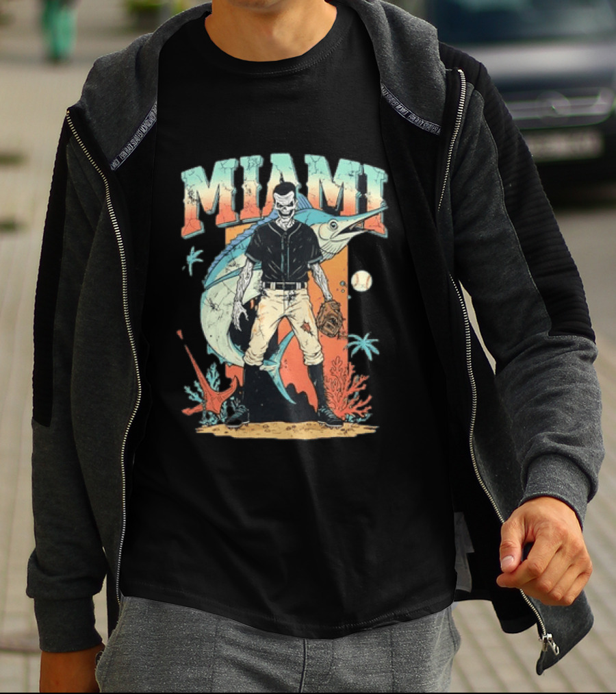Miami Marlins Skeleton Baseball Player With Marlin And Tropical Vibes T-Shirt
