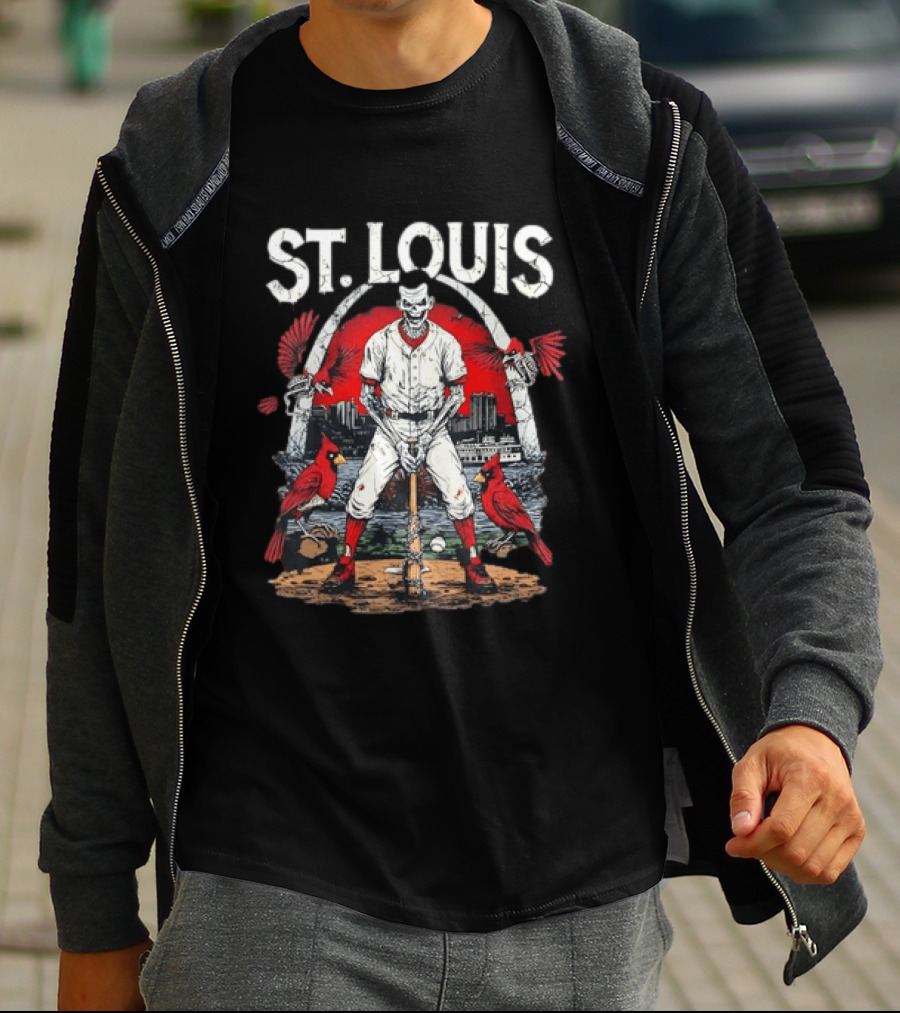 St. Louis Baseball Skeleton With Cardinals And Arch T-Shirt