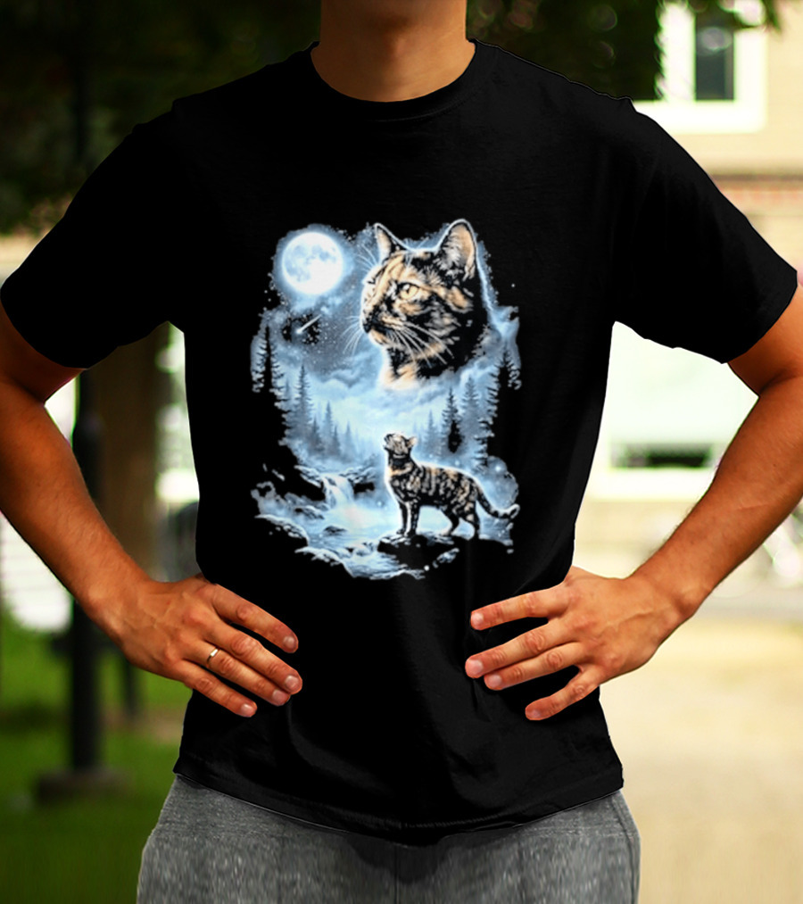 Tabby Cat Howling To The Moon Halloween Forest Scene T-Shirt