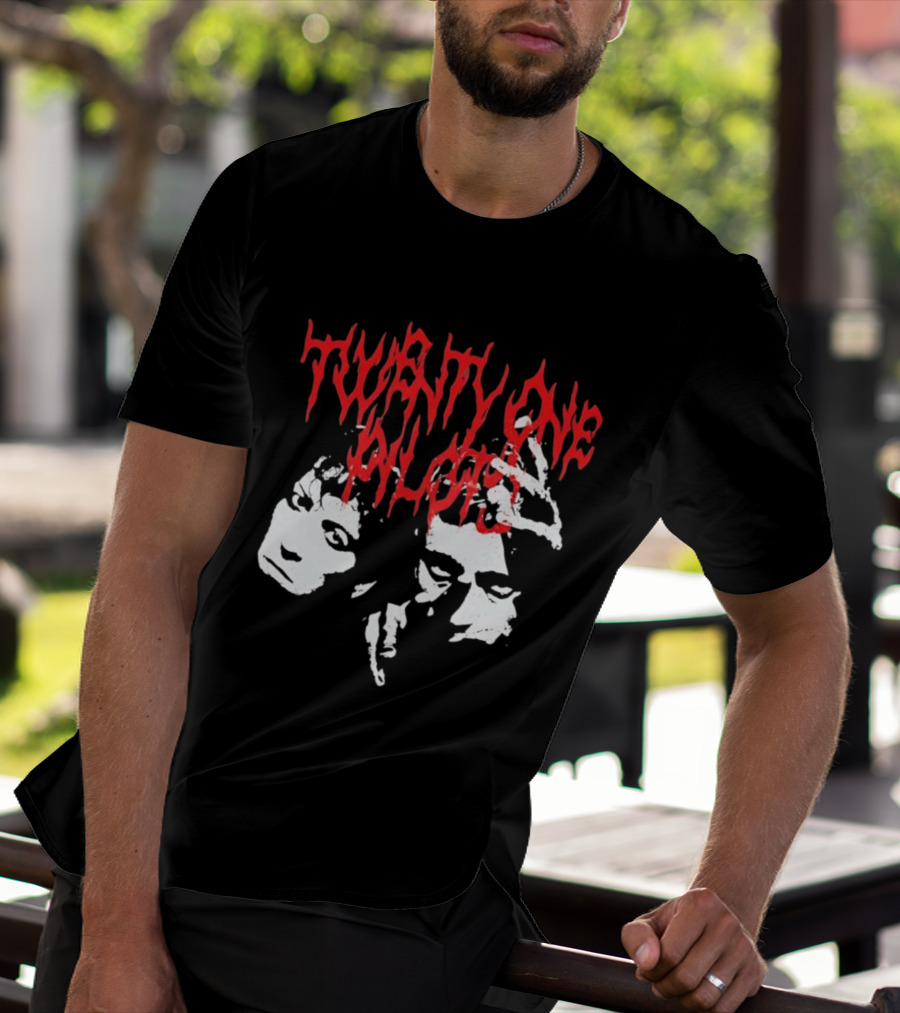 Twenty One Pilots Red Text Band Members Faces Dark Metal T-Shirt