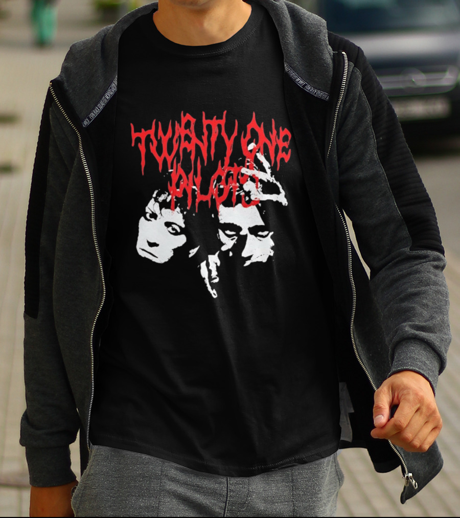 Twenty One Pilots Red Text Band Members Faces Dark Metal T-Shirt