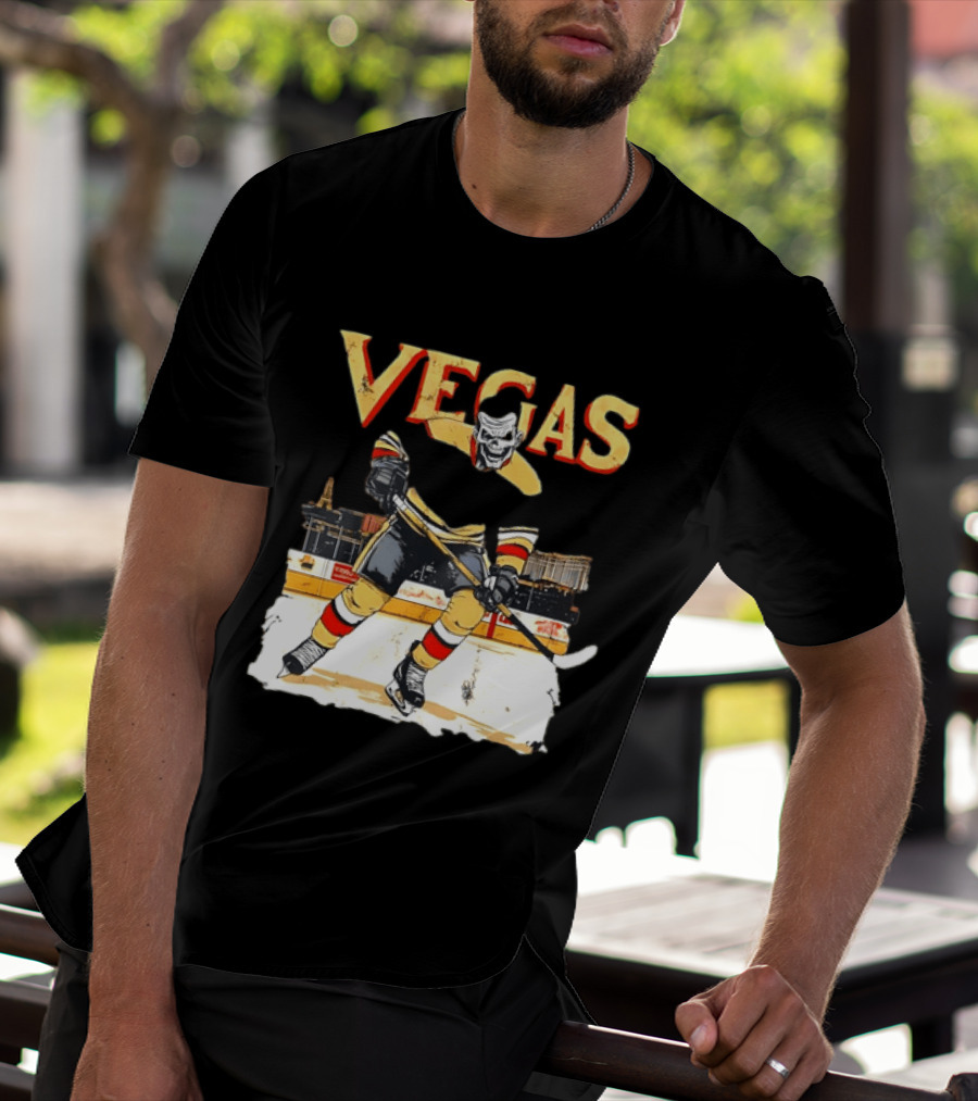 Vegas Hockey Skull Ice Arena Skyline Scene T-Shirt