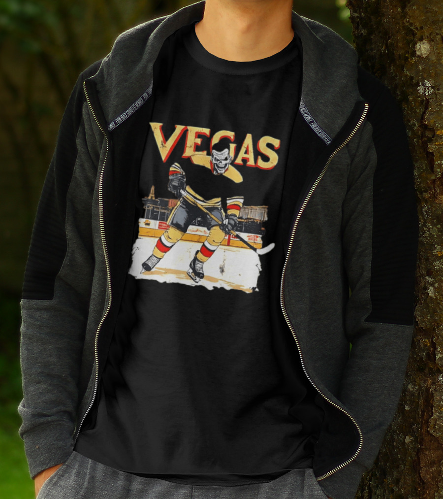 Vegas Hockey Skull Ice Arena Skyline Scene T-Shirt