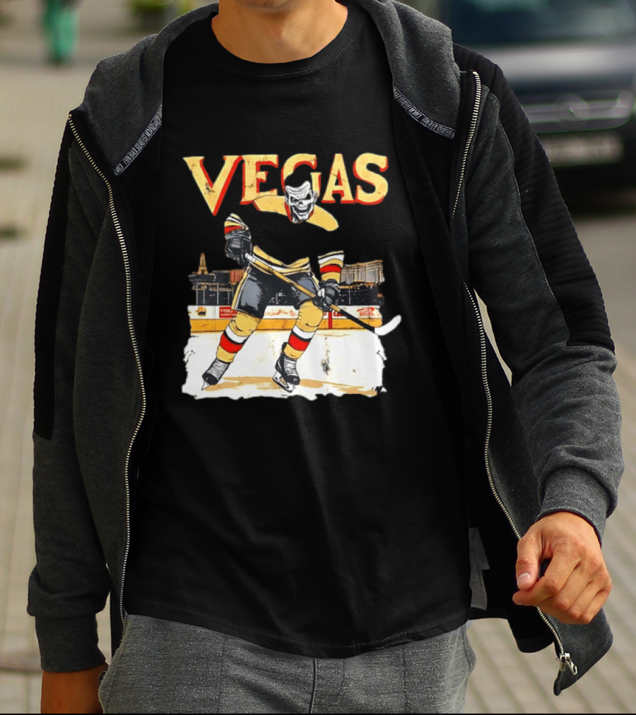 Vegas Hockey Skull Ice Arena Skyline Scene T-Shirt