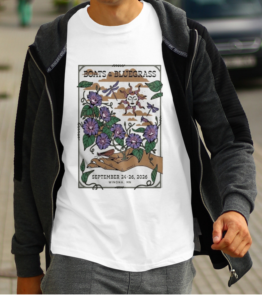 Boats And Bluegrass Winona MN September 24 26 2026 Sun Dragonflies Flowers Music Festival T-Shirt