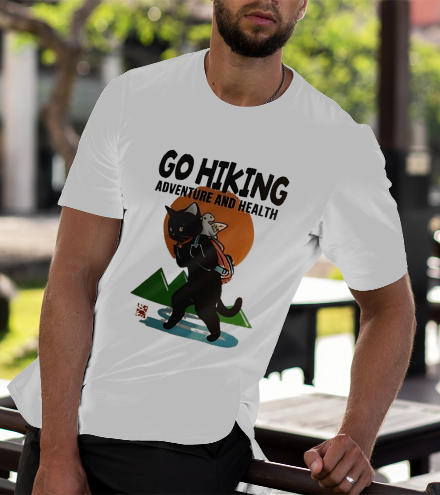 Go Hiking Adventure And Health Black Cat With Backpack And Bird T-Shirt