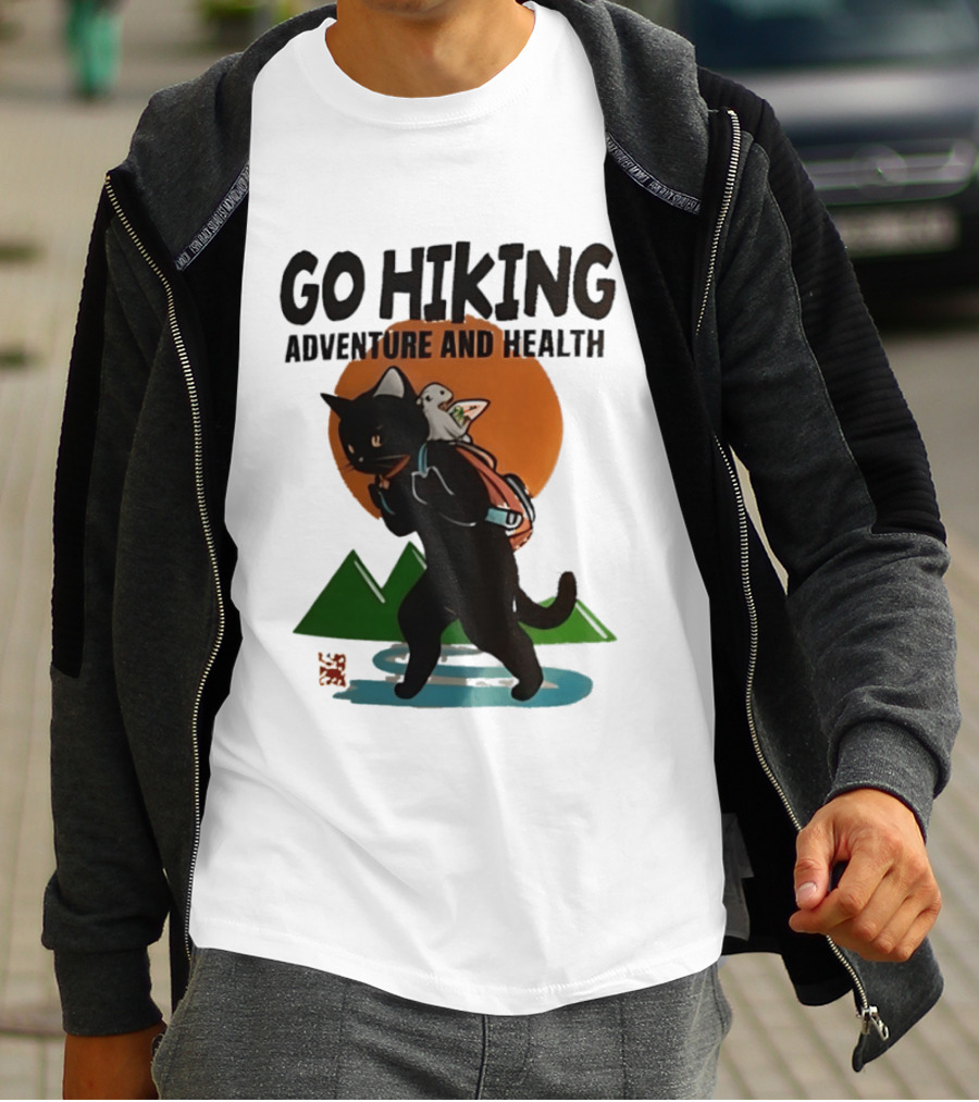 Go Hiking Adventure And Health Black Cat With Backpack And Bird T-Shirt