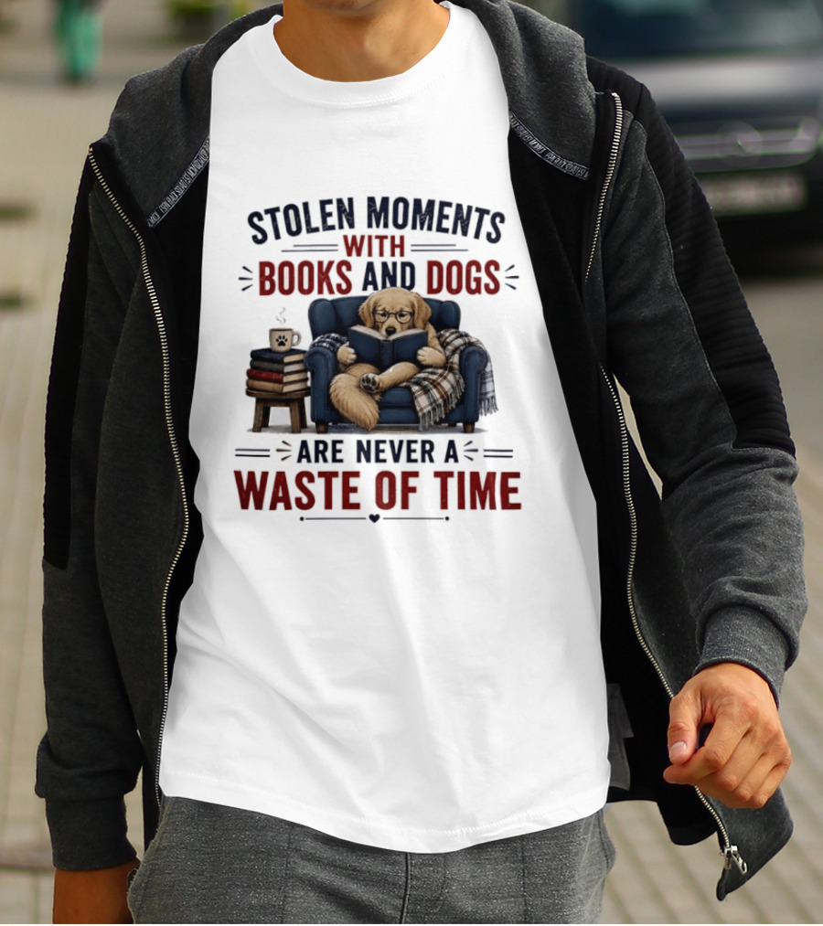 Stolen Moments With Books And Dogs Are Never A Waste Of Time Golden Retriever Reading T-Shirt