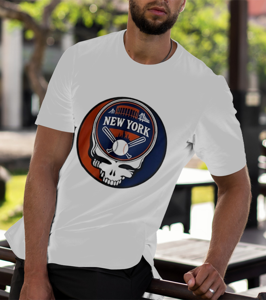 New York Mets Grateful Dead Skull Baseball Orange Blue Stadium T-Shirt