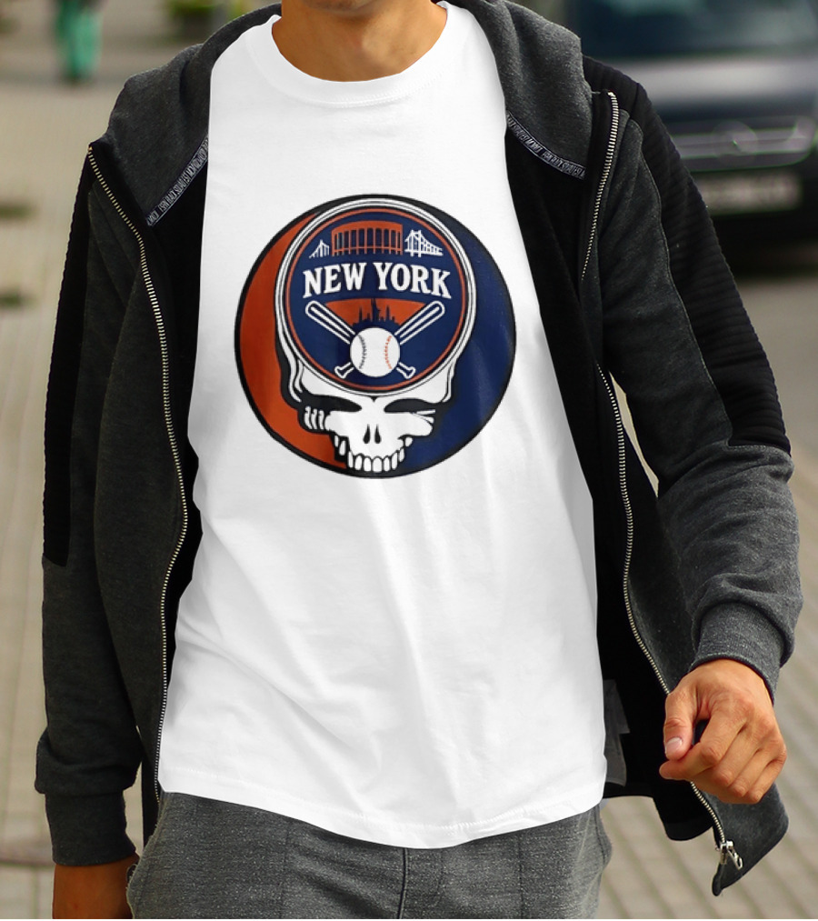 New York Mets Grateful Dead Skull Baseball Orange Blue Stadium T-Shirt