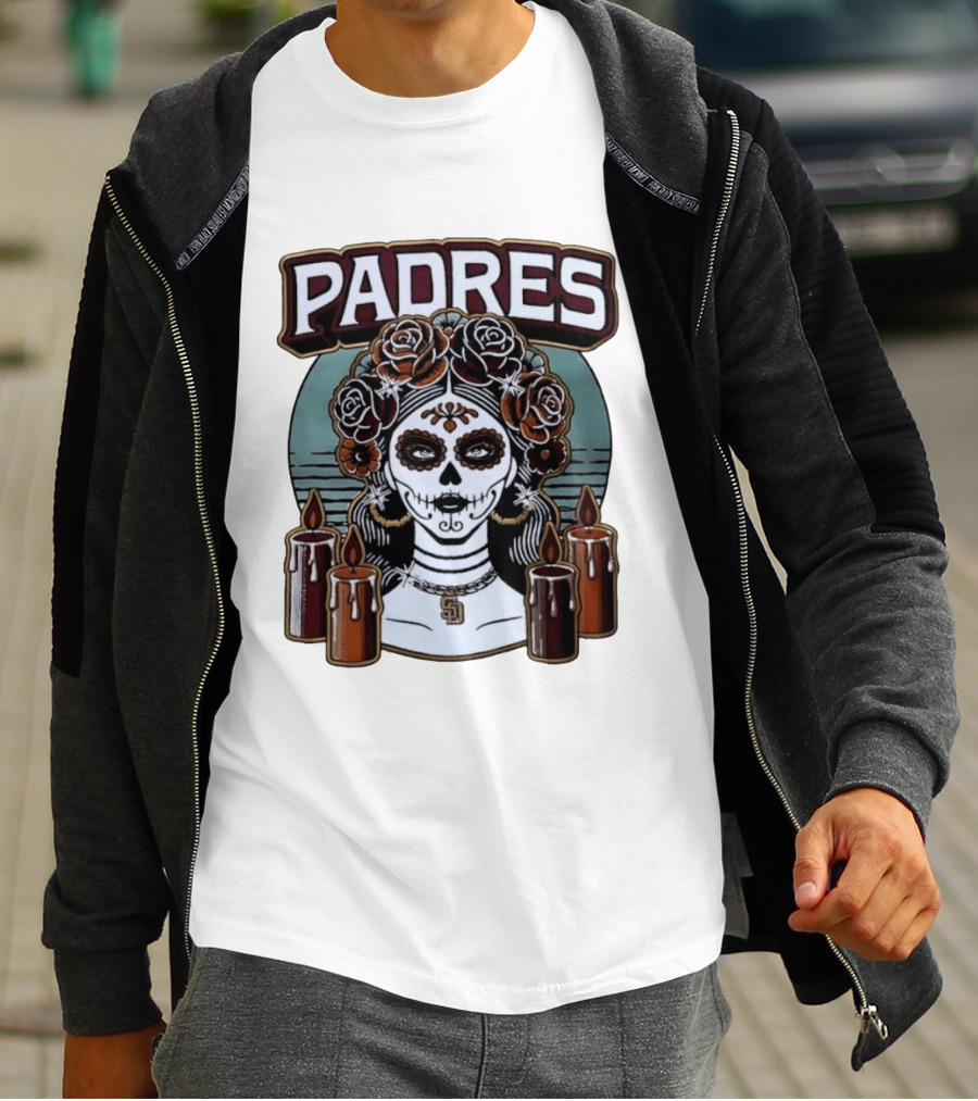 Padres Sugar Skull Woman With SD Pendant And Candles T-Shirt