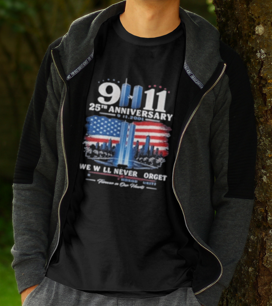 9 11 25th Anniversary We Will Never Forget Twin Towers American Flag Memorial T-Shirt