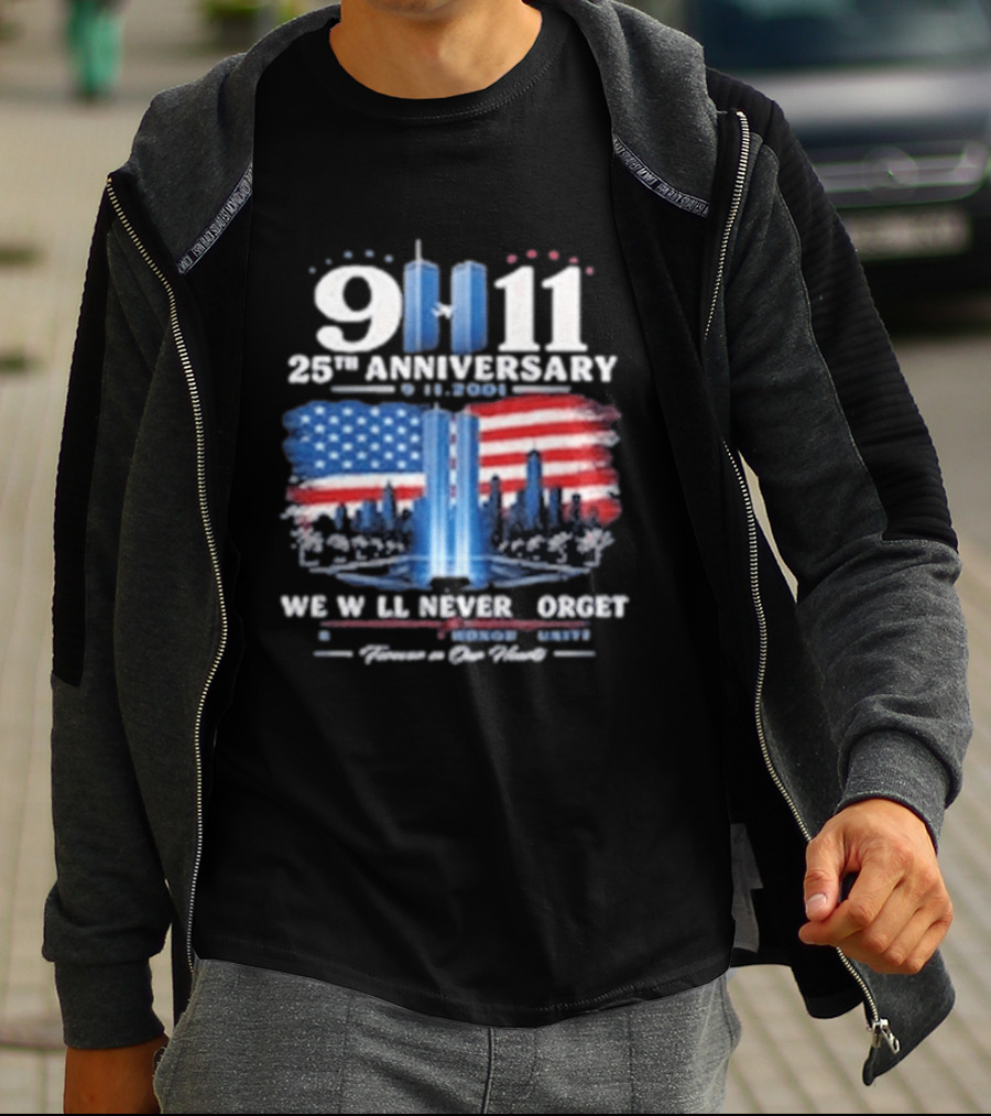 9 11 25th Anniversary We Will Never Forget Twin Towers American Flag Memorial T-Shirt