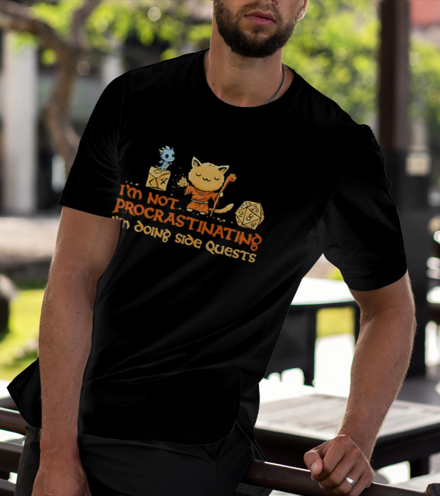 I'm Not Procrastinating I'm Doing Side Quests Cat Wizard Magic Adventure T-Shirt