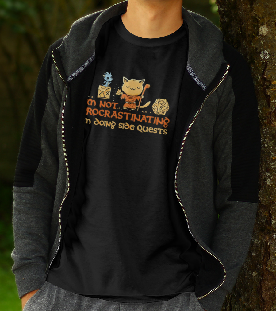 I'm Not Procrastinating I'm Doing Side Quests Cat Wizard Magic Adventure T-Shirt