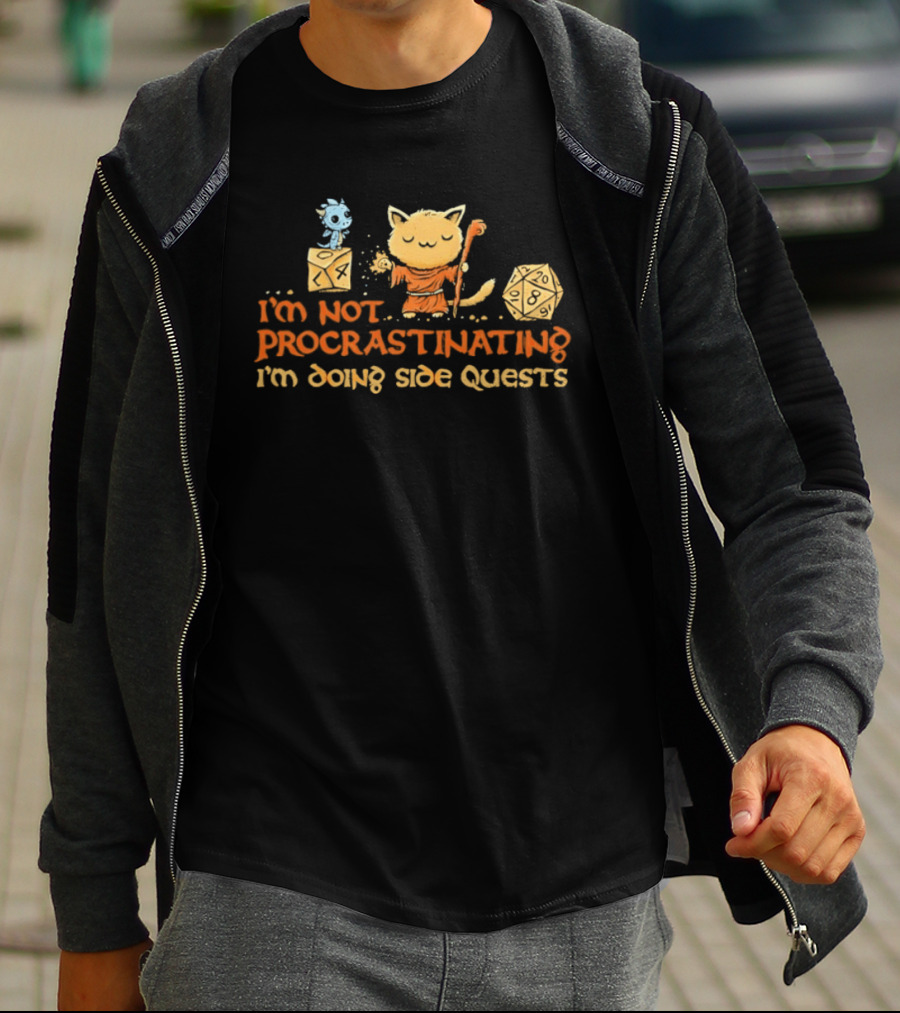 I'm Not Procrastinating I'm Doing Side Quests Cat Wizard Magic Adventure T-Shirt
